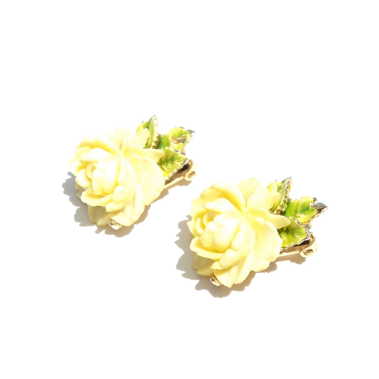 RESERVED LISTING Celluloid Rose Earrings by ART Vintage Rose Earrings Cabbage or Cottage Rose Clip On Vintage Plastic Flower Earrings