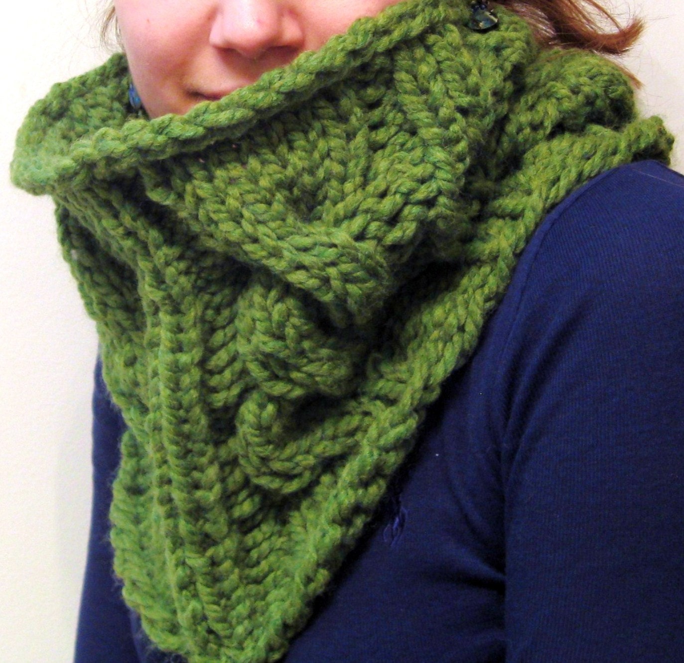 Cable Knit Cowl Scarf - The Cable Knit Cowl - Wool Blend - Grass Green