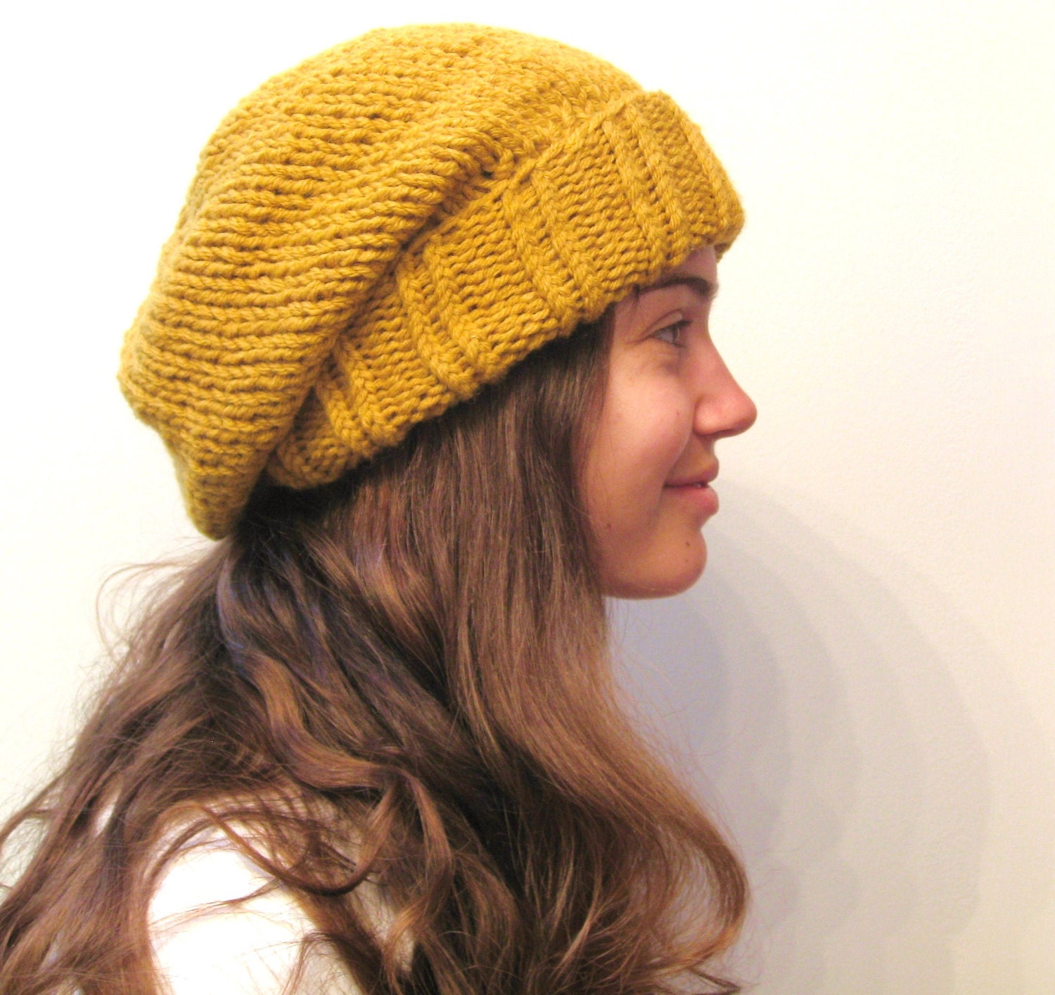 Winter Hat - Knit Hat - The Cuffed Slouch Hat - Wool Blend - Mustard - meganEsass