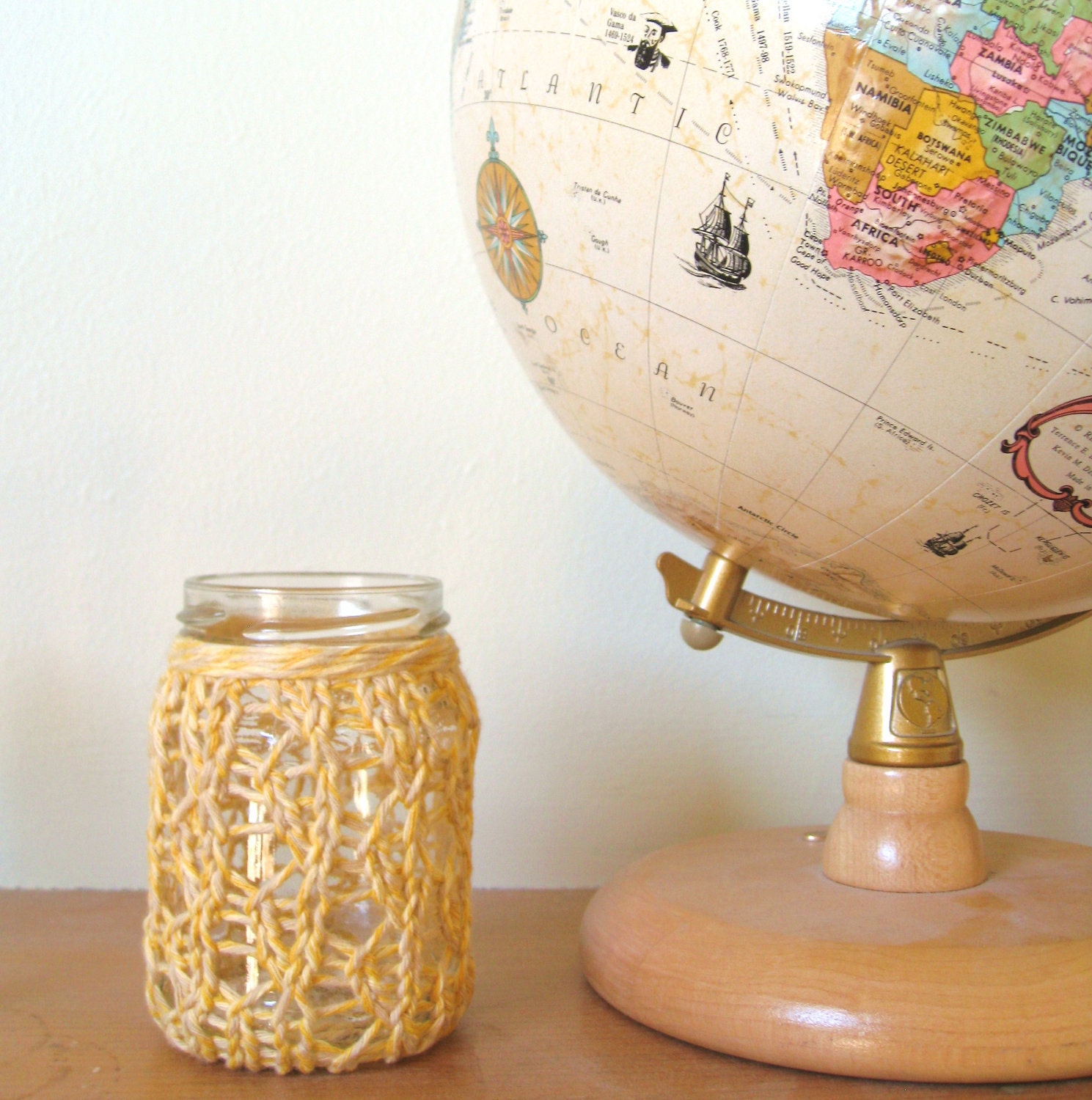 Upcycled Jar Candle Holder / Vase - Recycled Home Decor - Lace Knit - Yellow - Recycled Cotton
