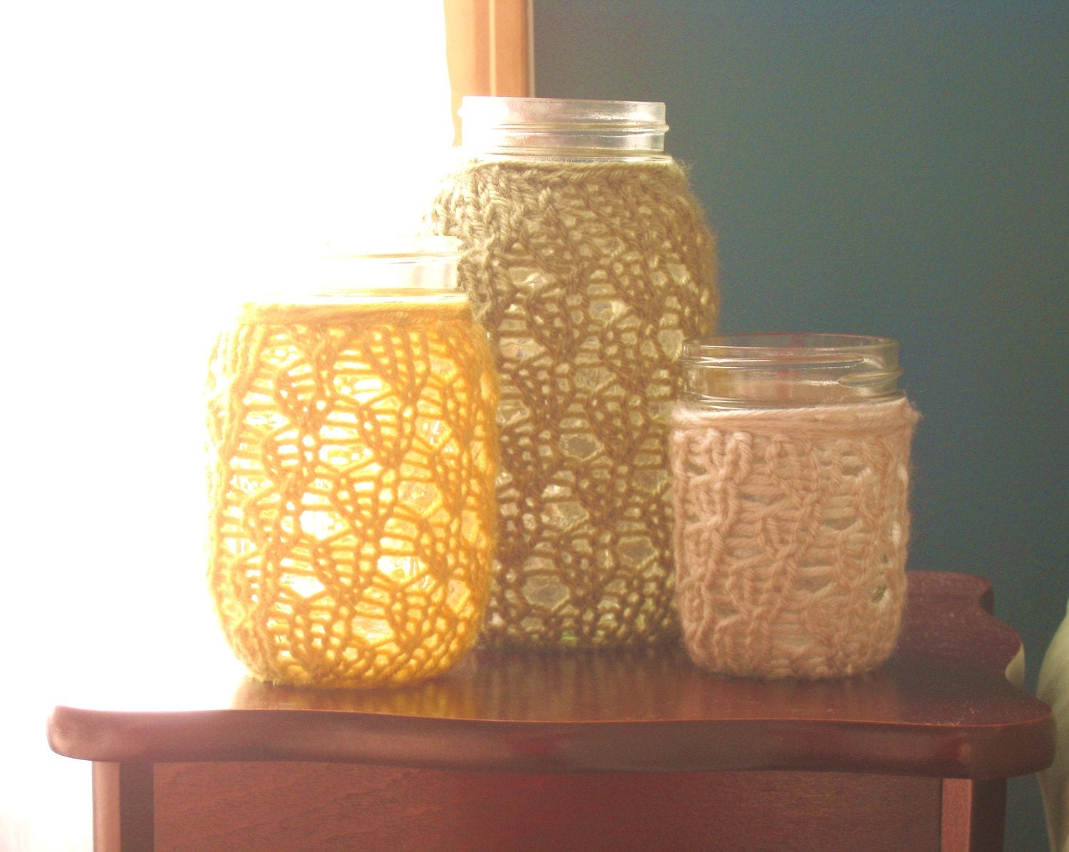 Mason Jar Wedding Decorations - Candle Holder / Vase - Dusty Green / Mustard Yellow / Linen Gray - Set of 3