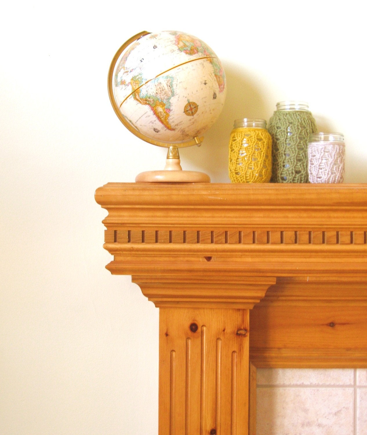 Mason Jar Wedding Decorations - Candle Holder / Vase - Dusty Green / Mustard Yellow / Linen Gray - Set of 3