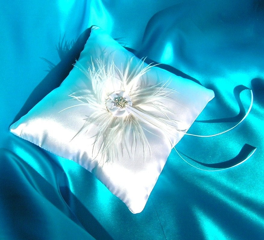 White Satin Ring Bearer Pillow With Ostrich Feather Wreath and Crystal Flower Center