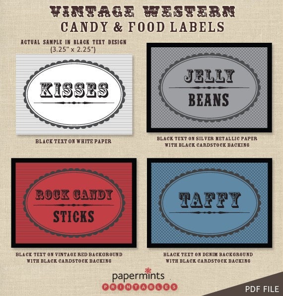 PRINTABLE Vintage Western Food or Dessert Labels Set - Customized and Blank