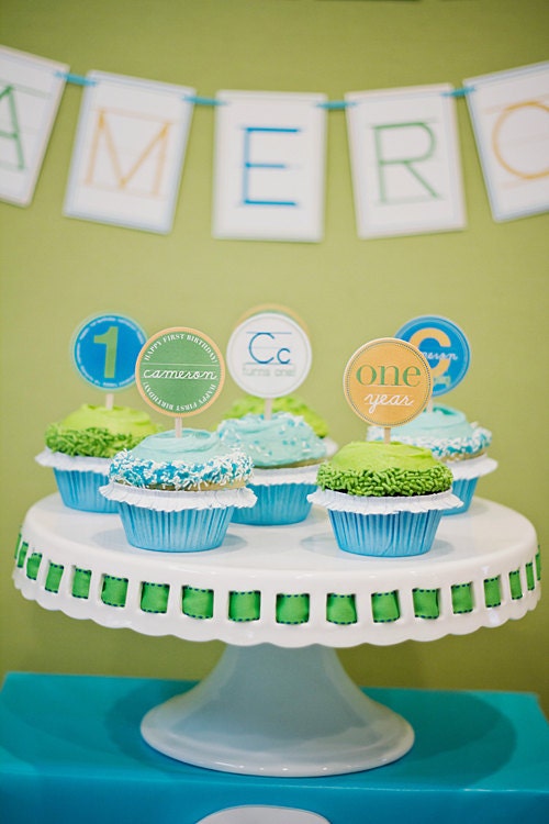 PRINTABLE Birthday Cupcake Toppers - Modern Alphabet Theme (Blue, Green, & Orange) 4 Designs