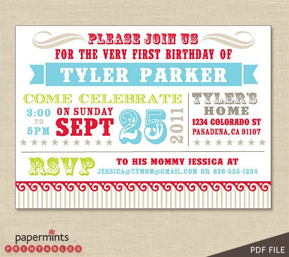PRINTABLE Vintage Circus Birthday Party Invitation