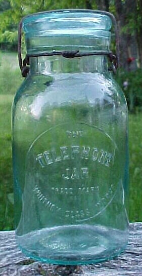 c1890 The Telephone Jar Whitney Glass Works , Aqua Blown Glass Quart Fruit Jar ,Canning Jar