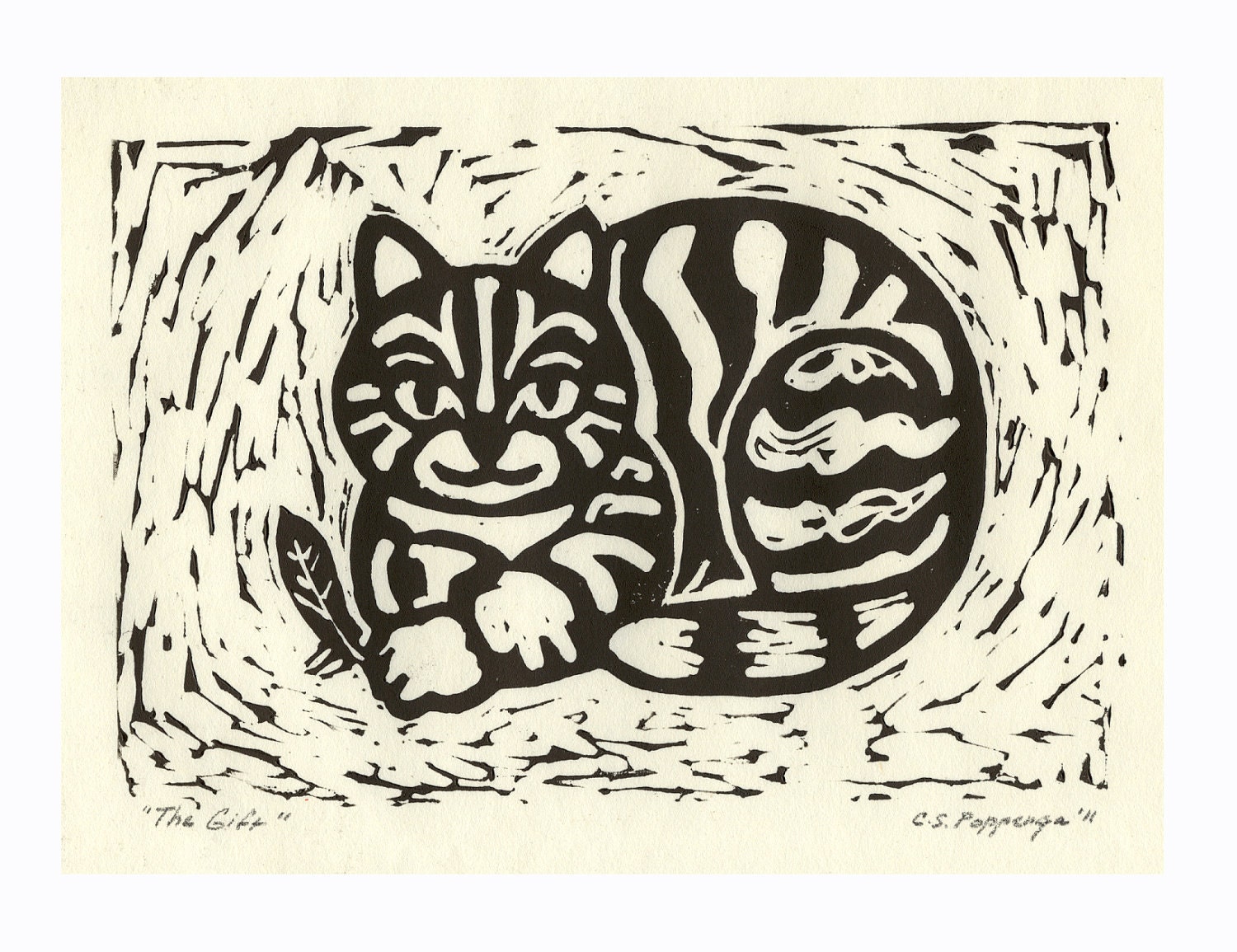 Fat Cat holding feather to "gift" to its owner is subject of this whimsical hand-pulled relief print commissions available