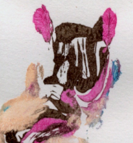 SPECIAL OFFER Hand-burnished monotype cat form in funky blue, pink, brown pattern on recycled repurposed paper