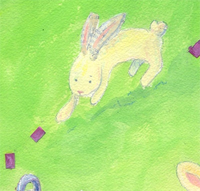 Rabbit Hopping, Bunny Art, Cute, Rabbit, Baby Girl, Children's Art, Collage, Print (5x7)