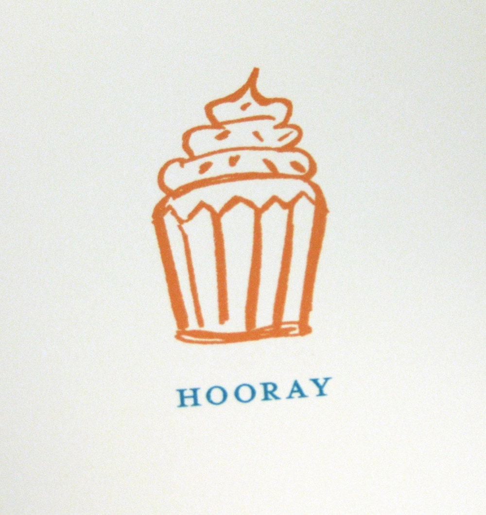 Orange Sketch Cupcake, Happy Birthday Card, Hooray, Modern, Feminine - Single