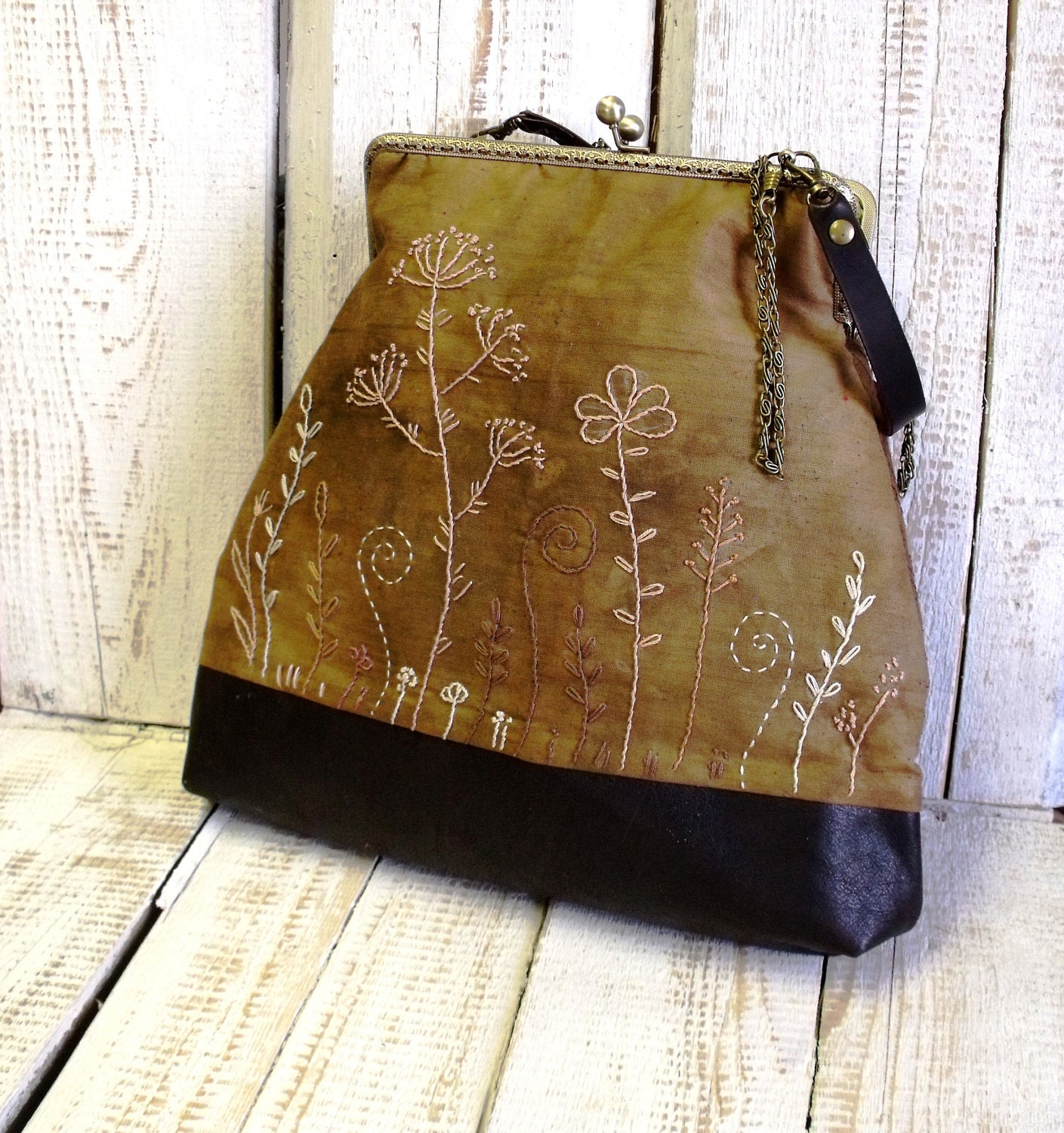 Brown leather and cotton hand embroidered frame purse