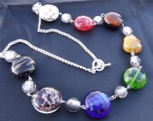 rainbow and silver lampworked glass necklace