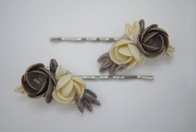 Hair Pins with Vintage Mocha and Cream Flowers