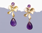 Faceted Amethyst drop with Matte Finished 16K Gold Plating Orchid Flowers - delezhen