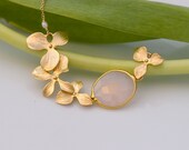 October Birthstone Jewelry- Pink Quartz Bezel Necklace - 16k Gold Orchids and 14k Gold Filled Chain - Mother's Day Gift