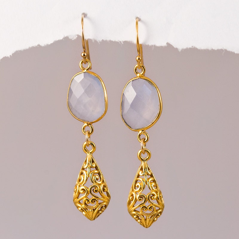 Bezel Set Natural Blue Chalcedony and 22K Gold Filigree Vermeil Earrings - Mother's Day Gift
