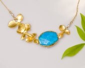 Turquoise Bezel Necklace - 16k Gold Orchid Flowers and 14k Gold Filled Chain - Mother's Day Gift