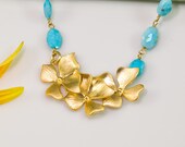 Amazing wire wrapped natural Sleeping Beauty Turquoise necklace with gold flowers - Mother's Day Gift