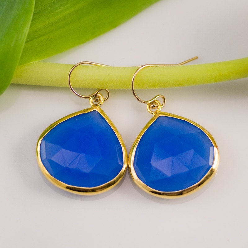 Deep Blue Chalcedony Earrings - Bezel set earrings - Gemstone earrings - gold earrings - something blue