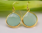 Aqua Blue Chalcedony Earrings - Bezel Set Earrings - Large Gemstone Earrings - Gold Earrings