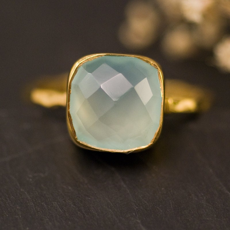 Cushion Cut Aqua Blue Chalcedony Ring - Gemstone Ring - Gold Ring - Bezel Set Ring - Mother's Day Gift