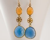 Deep Blue Chalcedony Earrings - Peach Moonstone Earrings - Bezel set earrings - Gemstone earrings