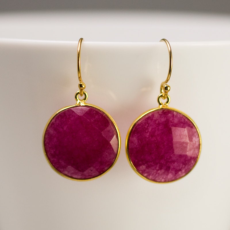 Round Faceted Bezel set Dyed Red Ruby earrings in 22k Gold Vermeil Mother's Day Gift