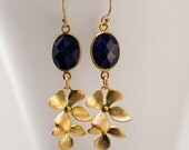 Blue Sapphire Earrings - Gold Orchid Earrings - Something Blue - Bezel Earrings - Wedding Jewelry- September Birthstone -