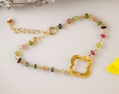 October Birthstone Jewelry - Multi-Color Tourmaline Bracelet - Quatrefoil Bracelet - Gold Quatrefoil - Gold bracelet - Wire wrapped bracele
