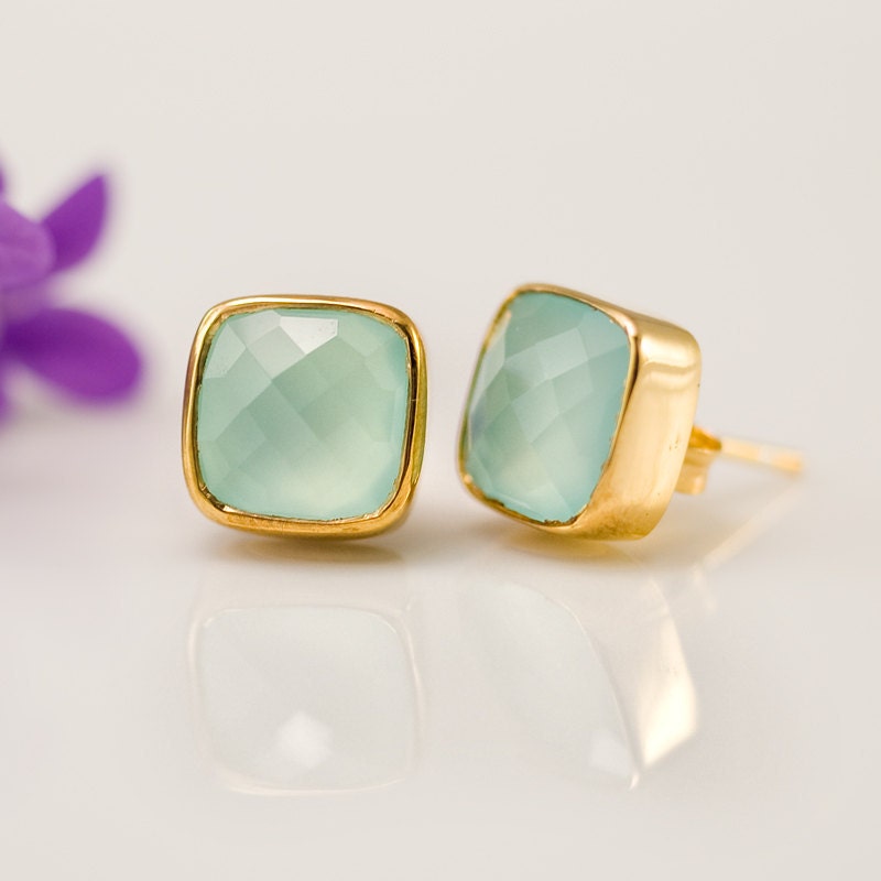 Stud Earrings - Cushion Cut Aqua Blue Chalcedony Bezel Stud Post Earrings - Gold Stud Gemstone Earrings Mother's Day Gift