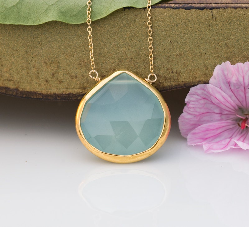 Aqua Blue Chalcedony Earrings - Bezel Set Earrings - Large Gemstone Earrings - Gold Earrings Mother's Day Gift