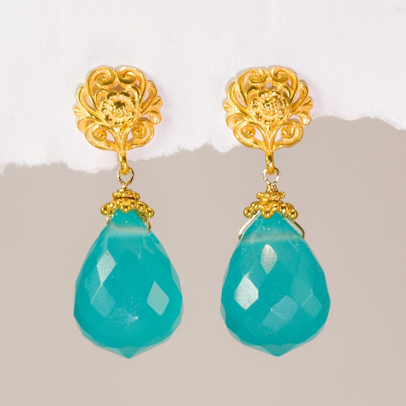 Aqua Blue Quartz Drops and 22K Gold Vermeil Filigree Earrings - Mother's Day Gift