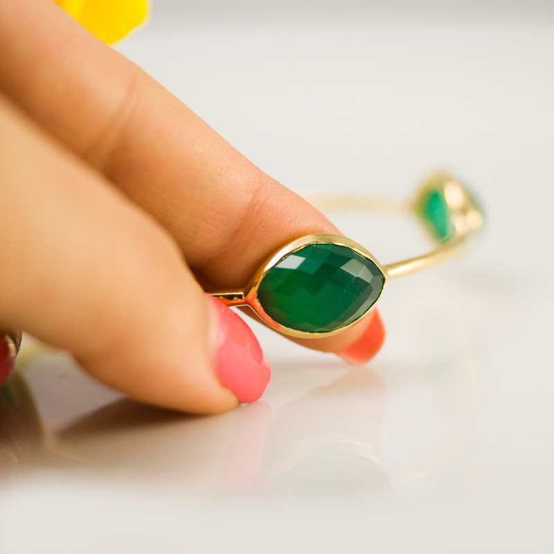 Bangle - Green Onyx Bracelet - Marquise Green Onyx Bangle - Bezel set gemstone bangle - gold bangle Mother's Day Gift