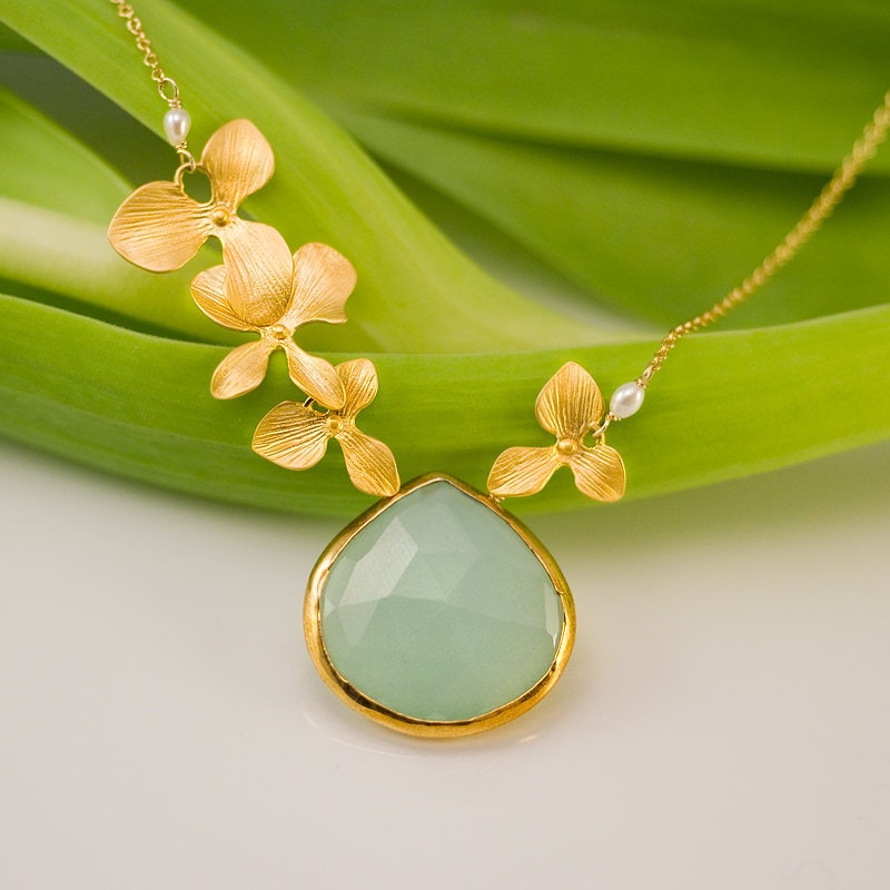 Large Aqua Blue Chalcedony Drop Bezel Necklace - 16k Gold Orchid Flowers and 14k Gold Filled Chain - Mother's Day Gift