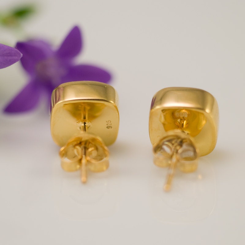 Stud Earrings - Cushion Cut Aqua Blue Chalcedony Bezel Stud Post Earrings - Gold Stud Gemstone Earrings Mother's Day Gift