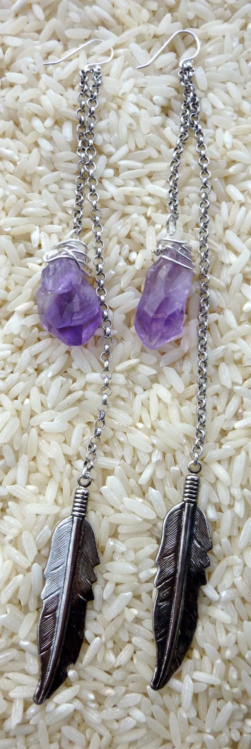Amethyst Point Dangle Chain Earrings with Metal Feathers