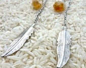 Citrine Point Long Chain Earrings with Metal Feathers