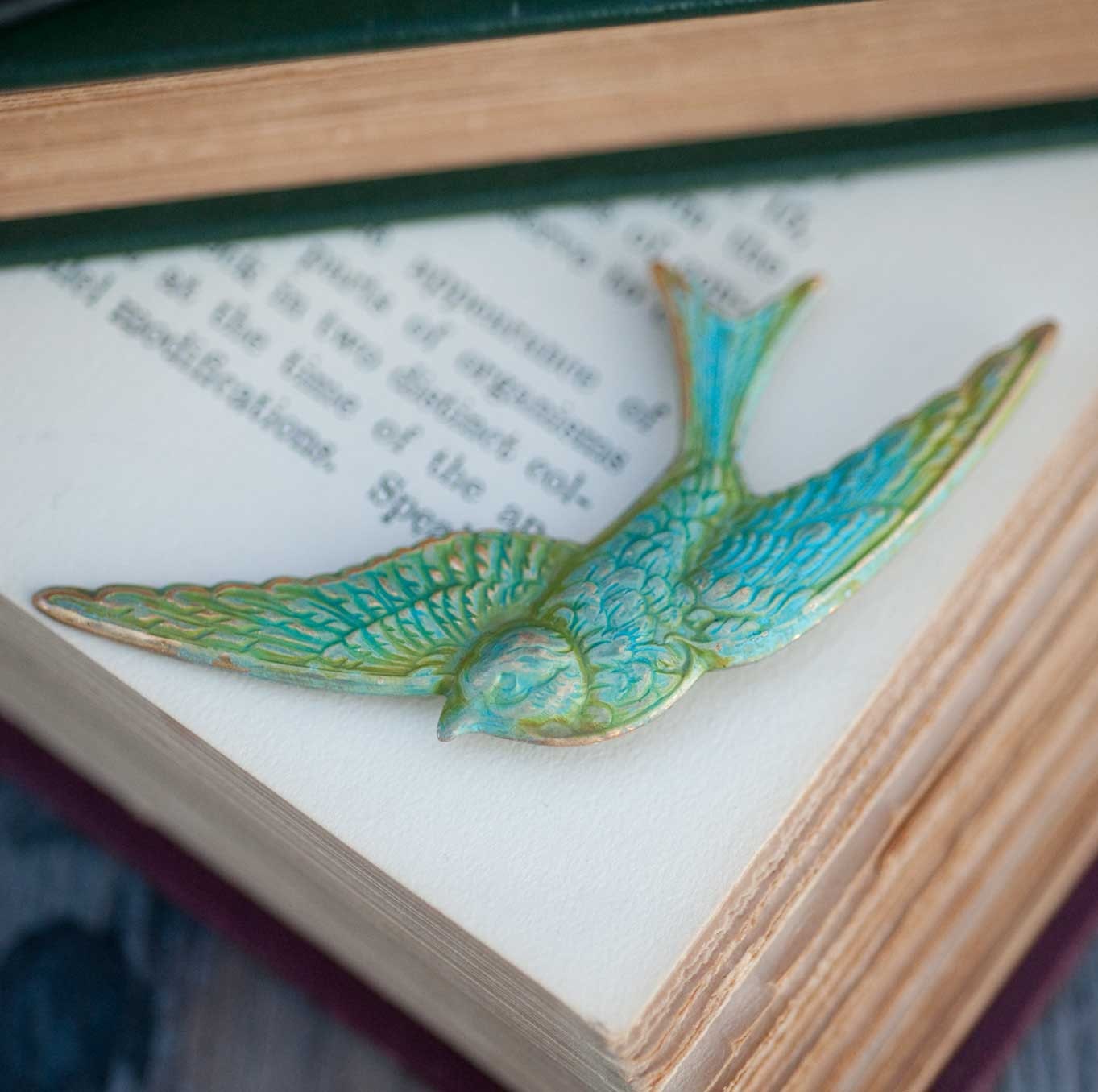Verdigris Swallow Brooch Vintage Woodland Bird Indie Jewelry Natural History Aged Brass Verdigris