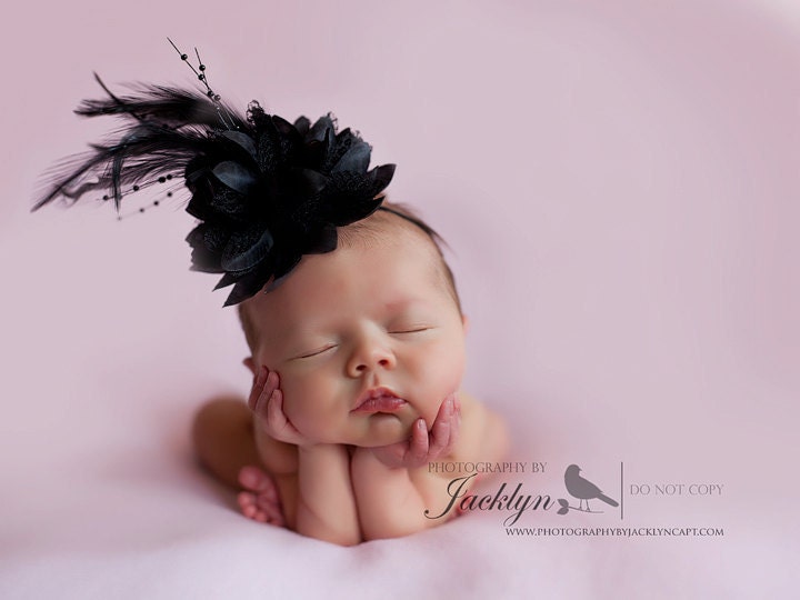 Baby Headband-Elegant Black Flower with Lace, Feathers and Beading on Skinny Black Elastic Headband