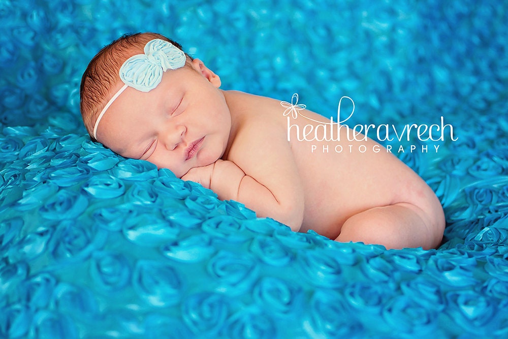 Baby Headband- Newborn Headband- Light Blue Chiffon Bow on Skinny White Elastic Headband