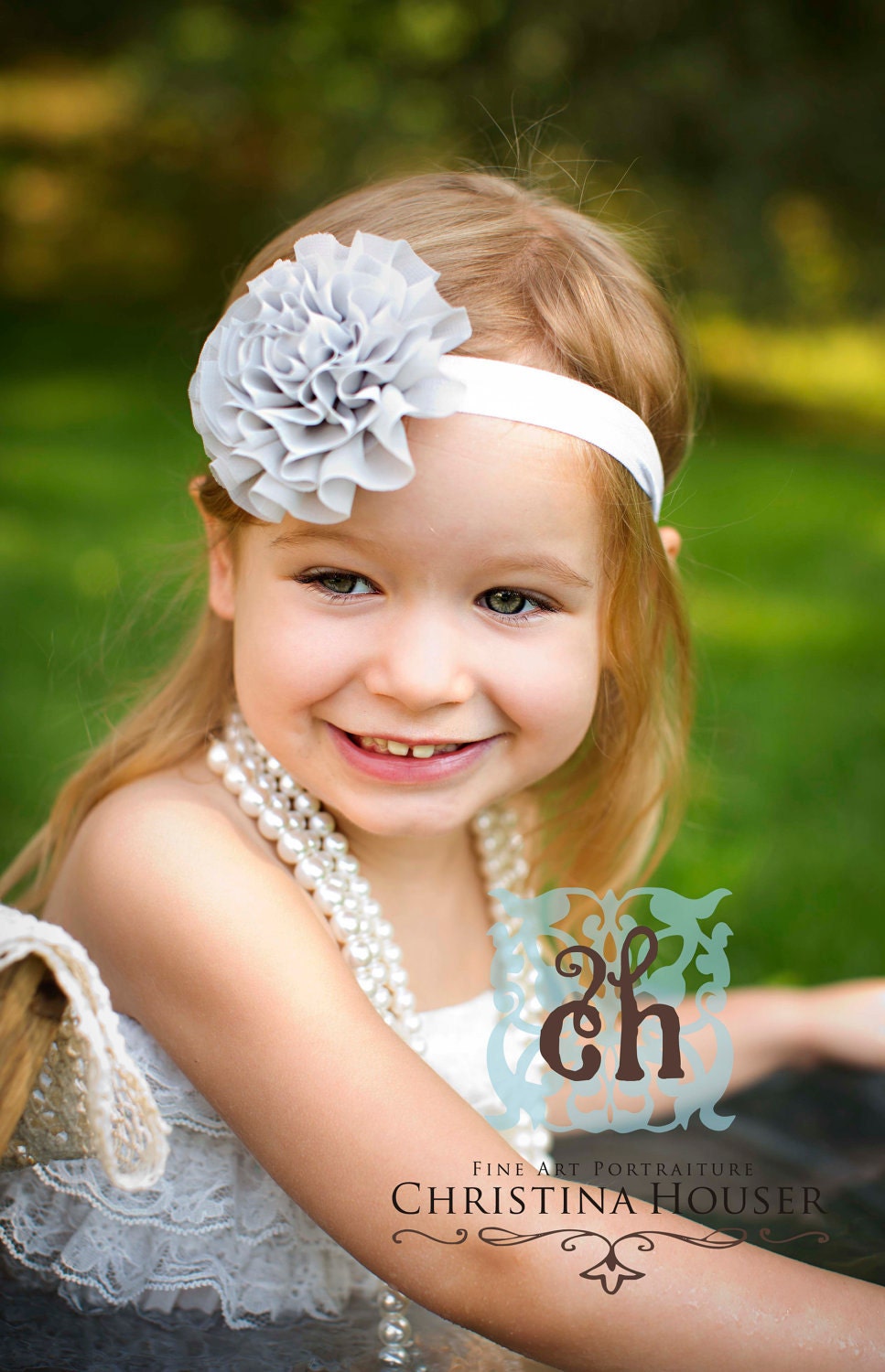 Baby Headband- Newborn Headband-  Grey Ruffled Chiffon Flower on Soft White Elastic Headband