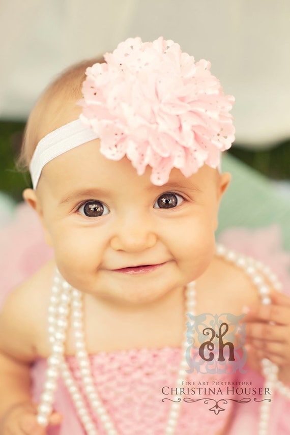 Baby Headband- Flower Headband-Baby Girl Headband- Light Pink Satin Eyelet Flower on Soft White Elastic Headband