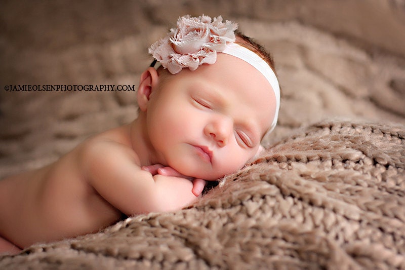 Baby Headband- Mocha Shabby Frayed Flower on Cream Soft Elastic Headband