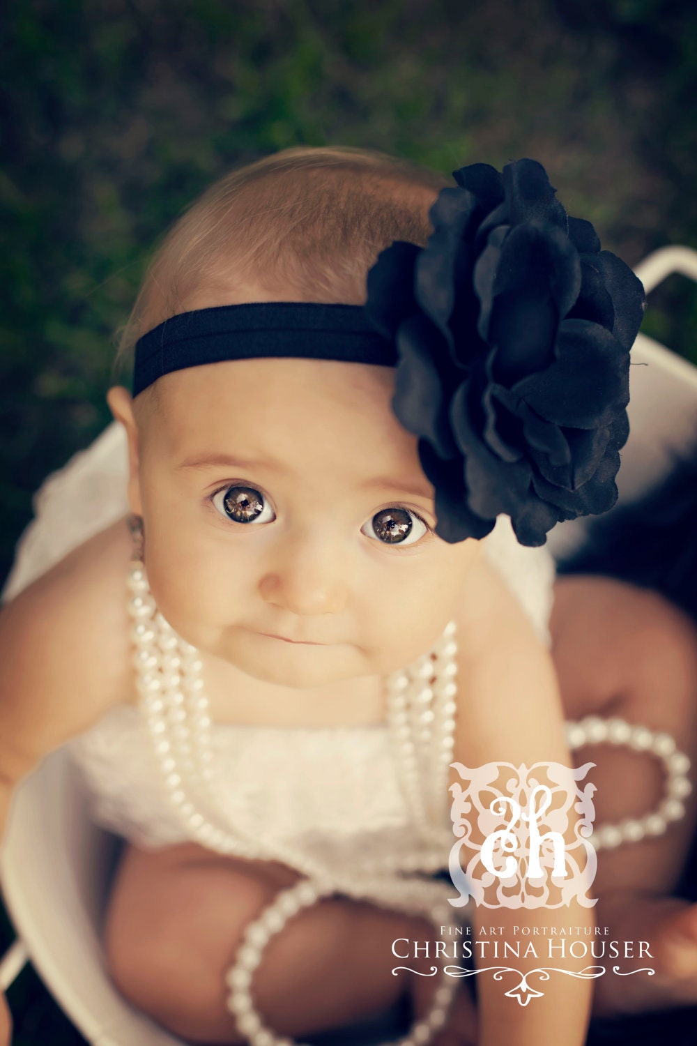 Baby Headband- Black Silk Flower with Rhinestone Center on Black Elastic Headband