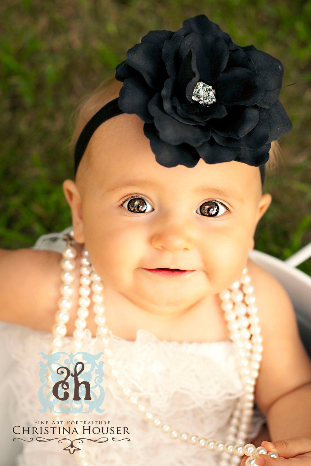 Baby Headband- Black Silk Flower with Rhinestone Center on Black Elastic Headband