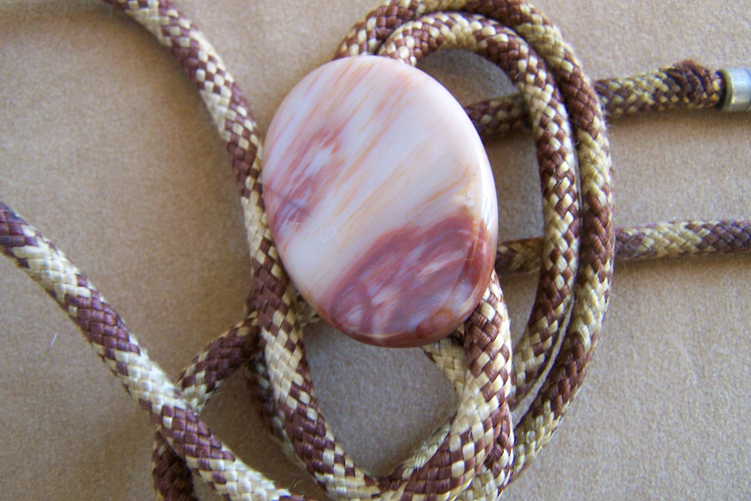 Vintage 70's Bolo Tie with Oval Gemstone Slide Metal Tip Aglets Soft Stripped Cord.