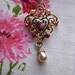 Vintage Mother's Day Gold Toned Fleur de Lis Enamel Heart Brooch Pin in with Pearl Drop by ORO
