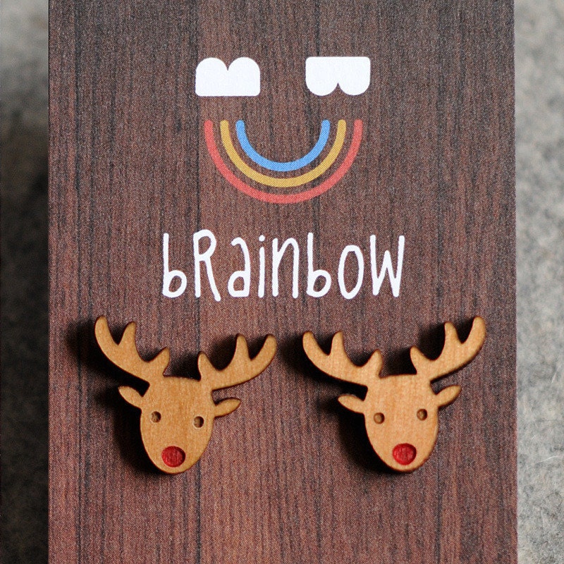 Wooden Rudolph Earring