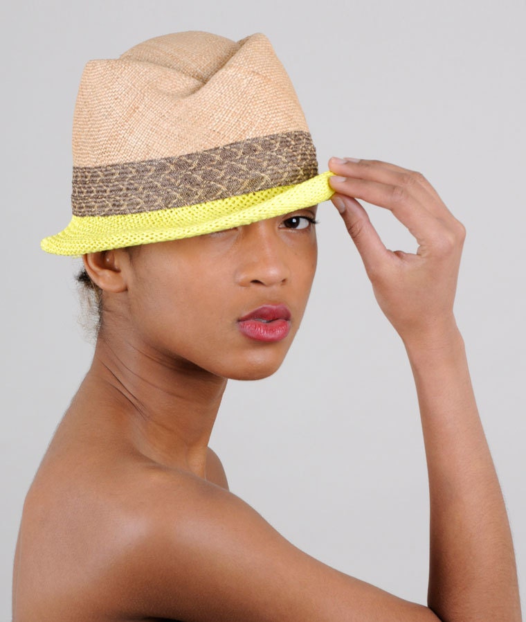 Straw fedora with bright yellow brim